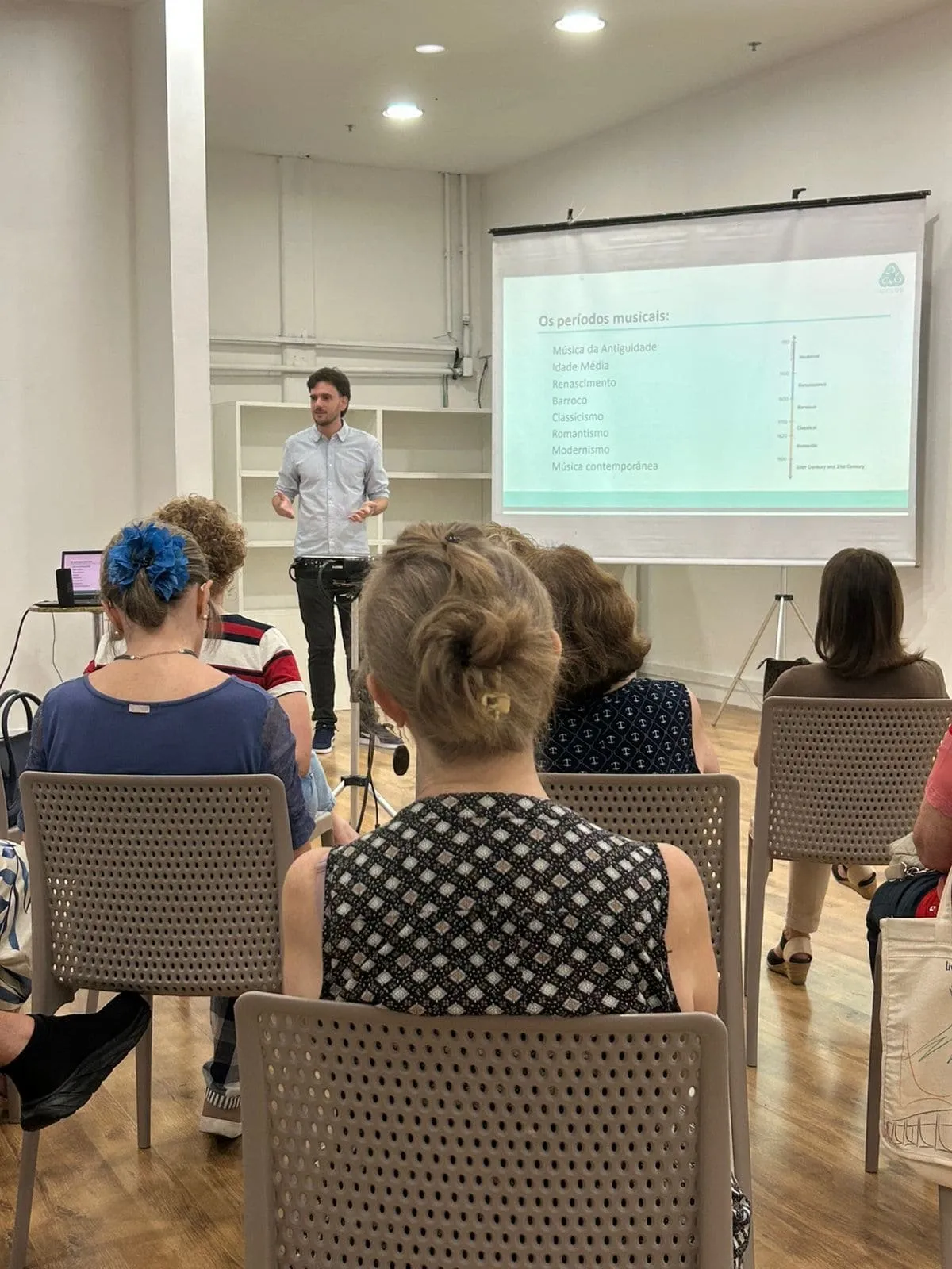 Professor apresenta conteúdo projetado para alunos atentos