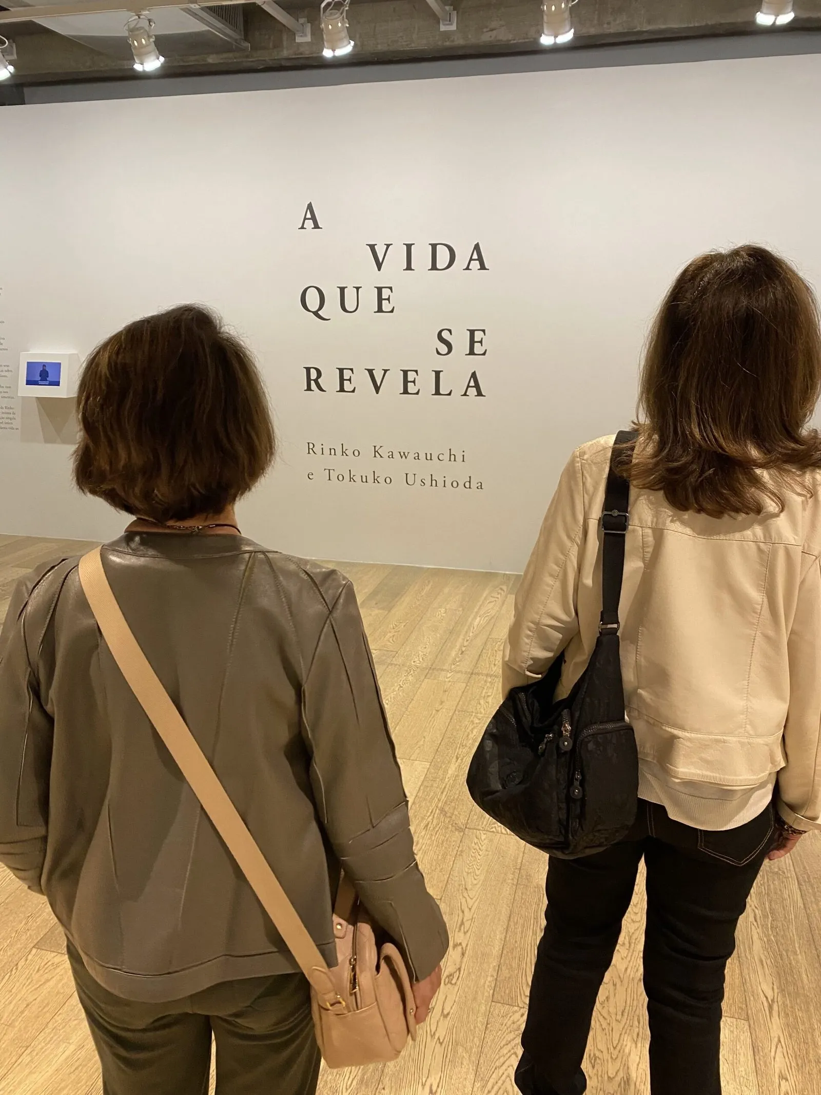 Duas alunas leem a frase Vida que se revela na parede de uma exposição
