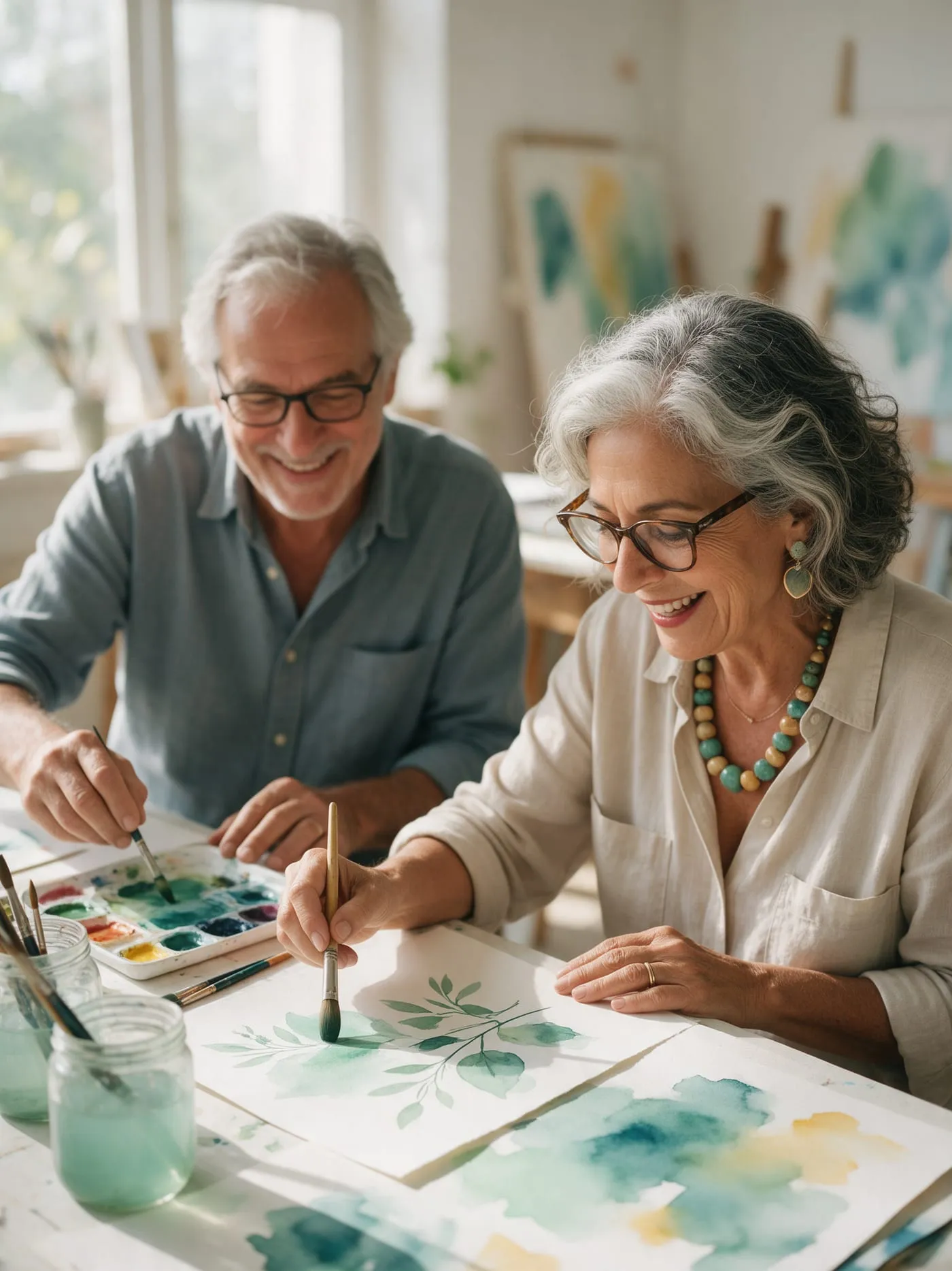 Aluna e aluno pintam aquarelas botânicas lado a lado, sorrindo