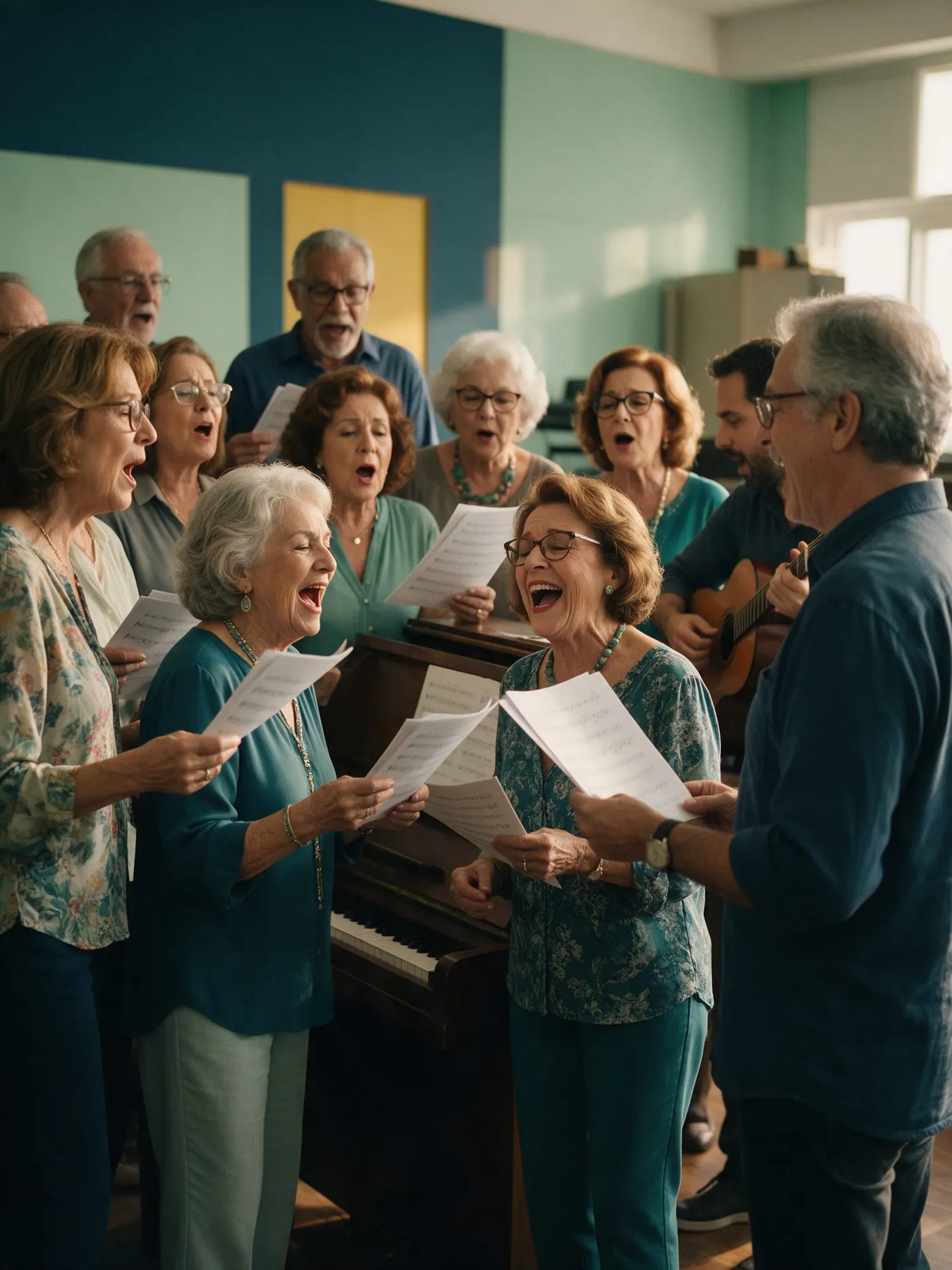 Turma canta junto em volta de um piano, com partituras nas mãos e um professor ao violão