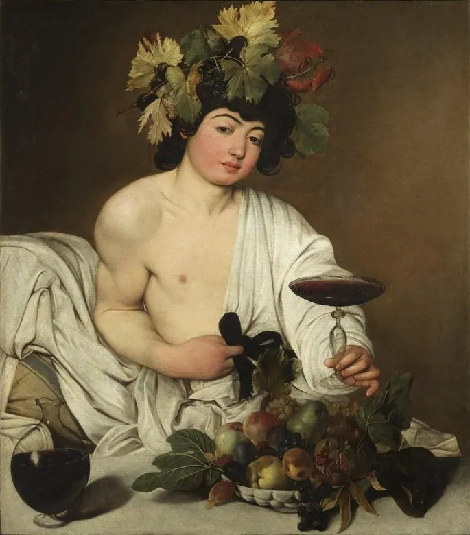 Pintura de Caravaggio: o deus Baco, coroado de folhas de uva, oferece uma taça de vinho tinto