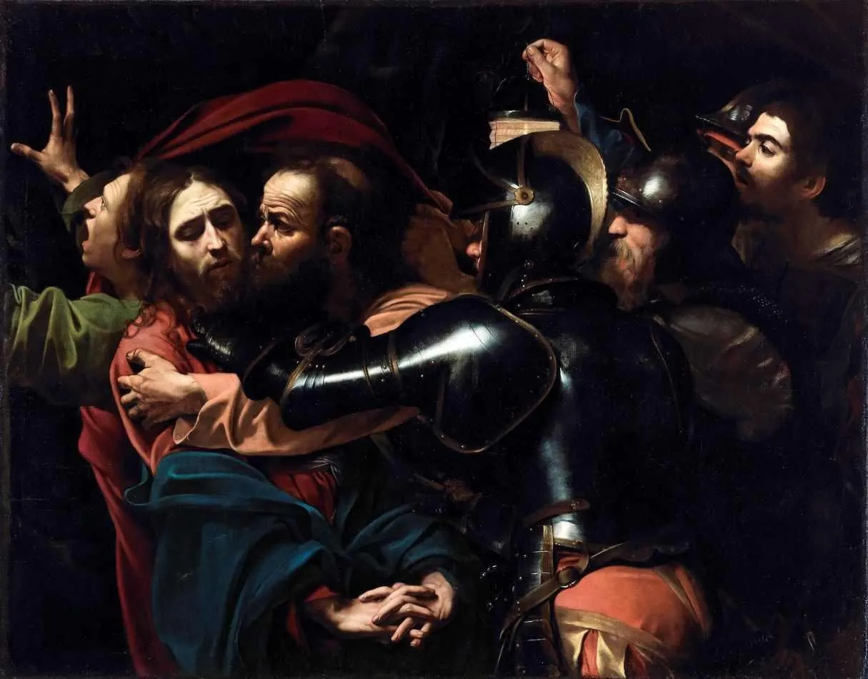 Pintura de Caravaggio: soldados de armadura agarram Cristo na escuridão, iluminados por uma luz lateral