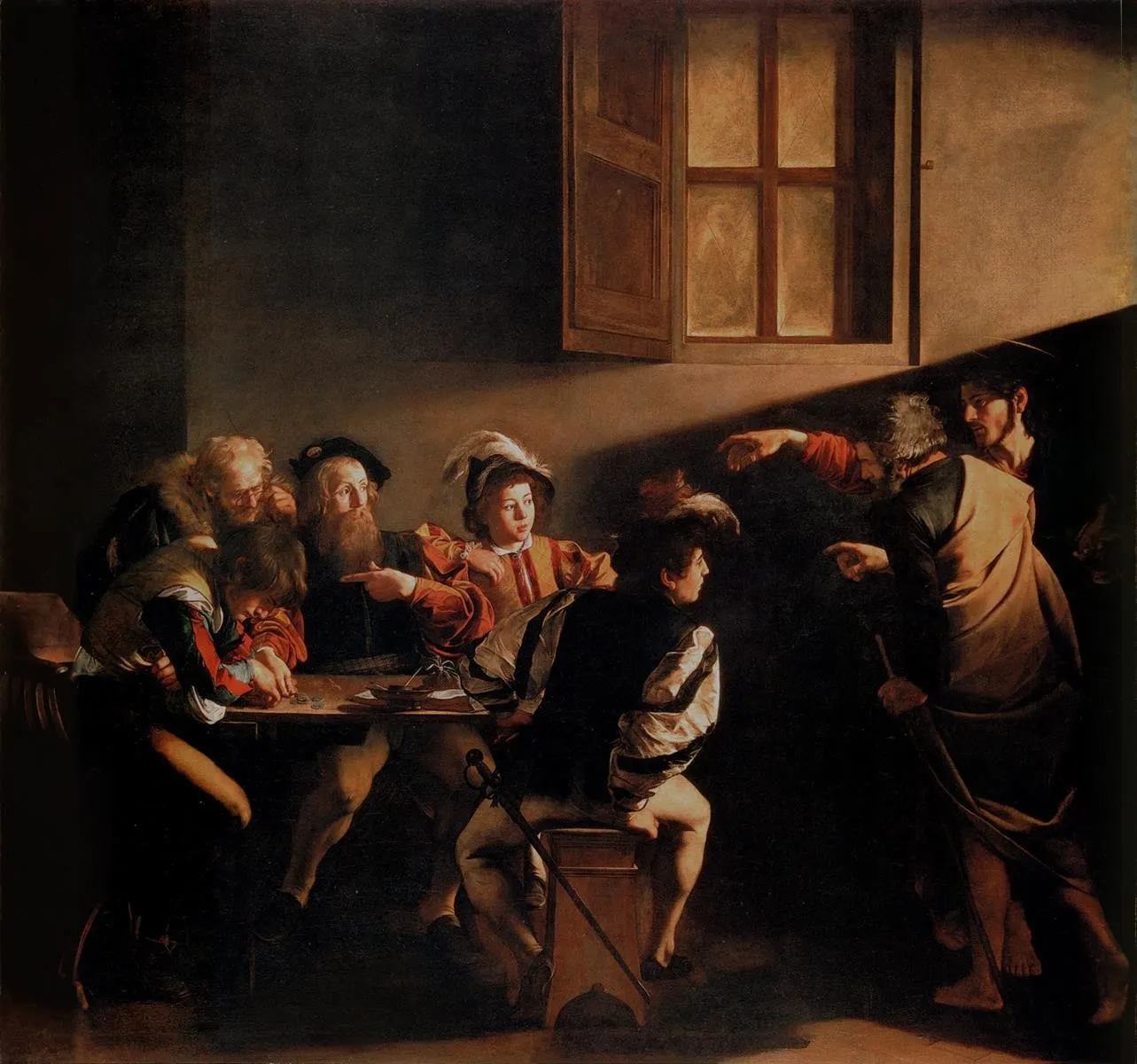 Pintura de Caravaggio: um feixe de luz atravessa uma sala escura e ilumina homens sentados à mesa enquanto Cristo aponta para Mateus
