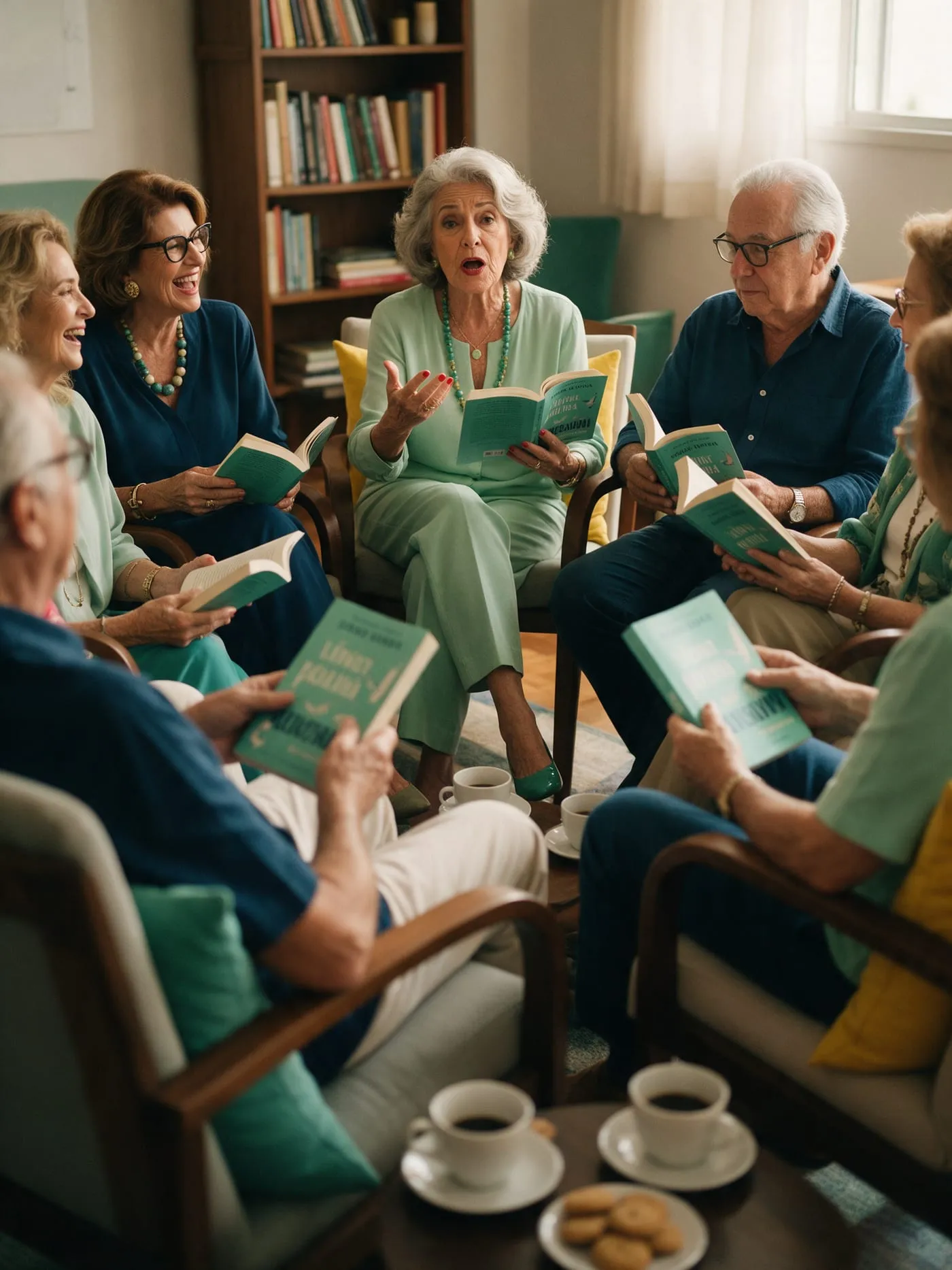 Roda de leitura com pessoas 60+ em poltronas, cada uma com o mesmo livro nas mãos