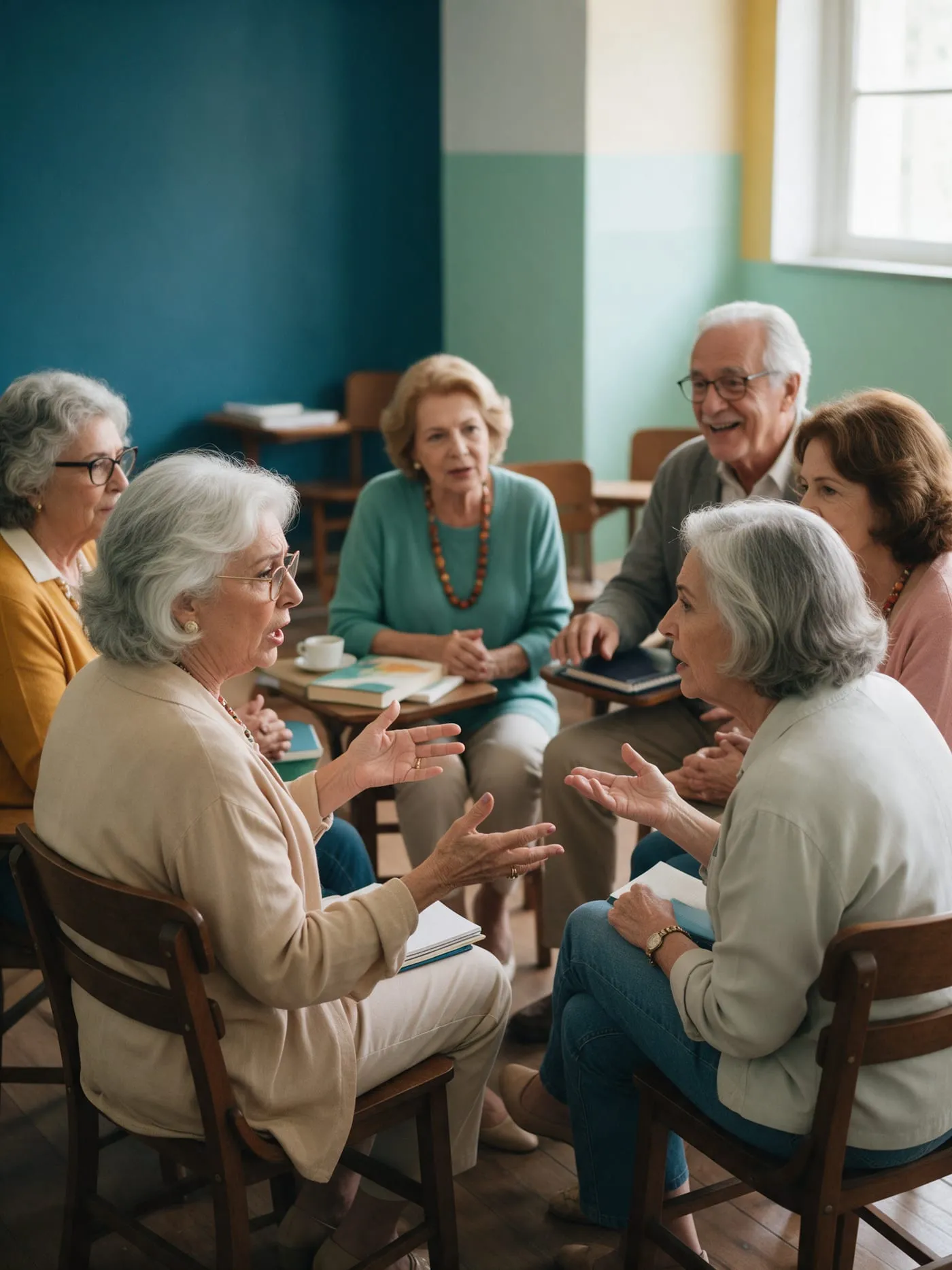 Turma de pessoas 60+ sentada em roda, em debate animado numa aula de filosofia
