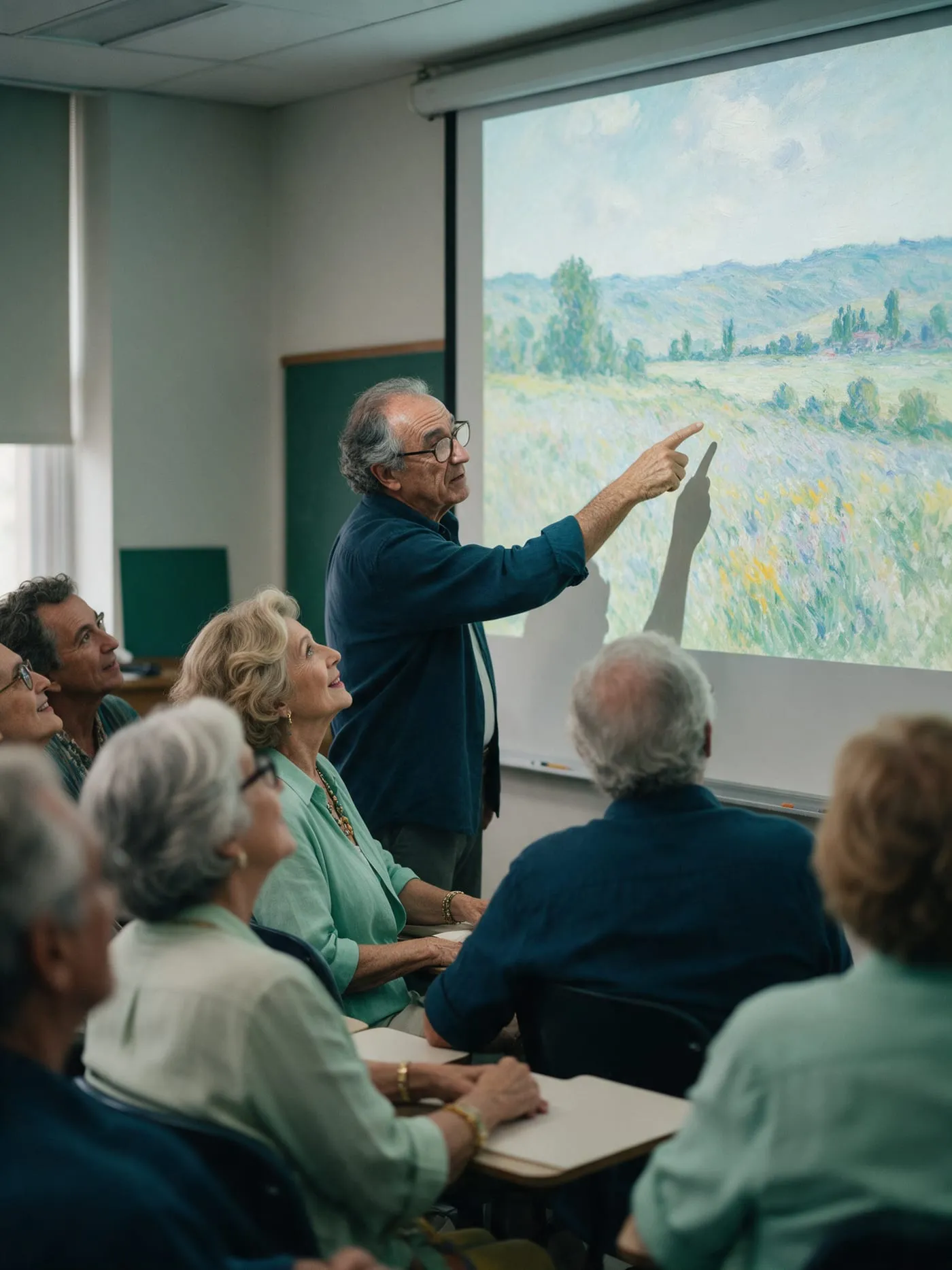 Aluno aponta um detalhe de uma pintura impressionista projetada na parede, diante da turma atenta