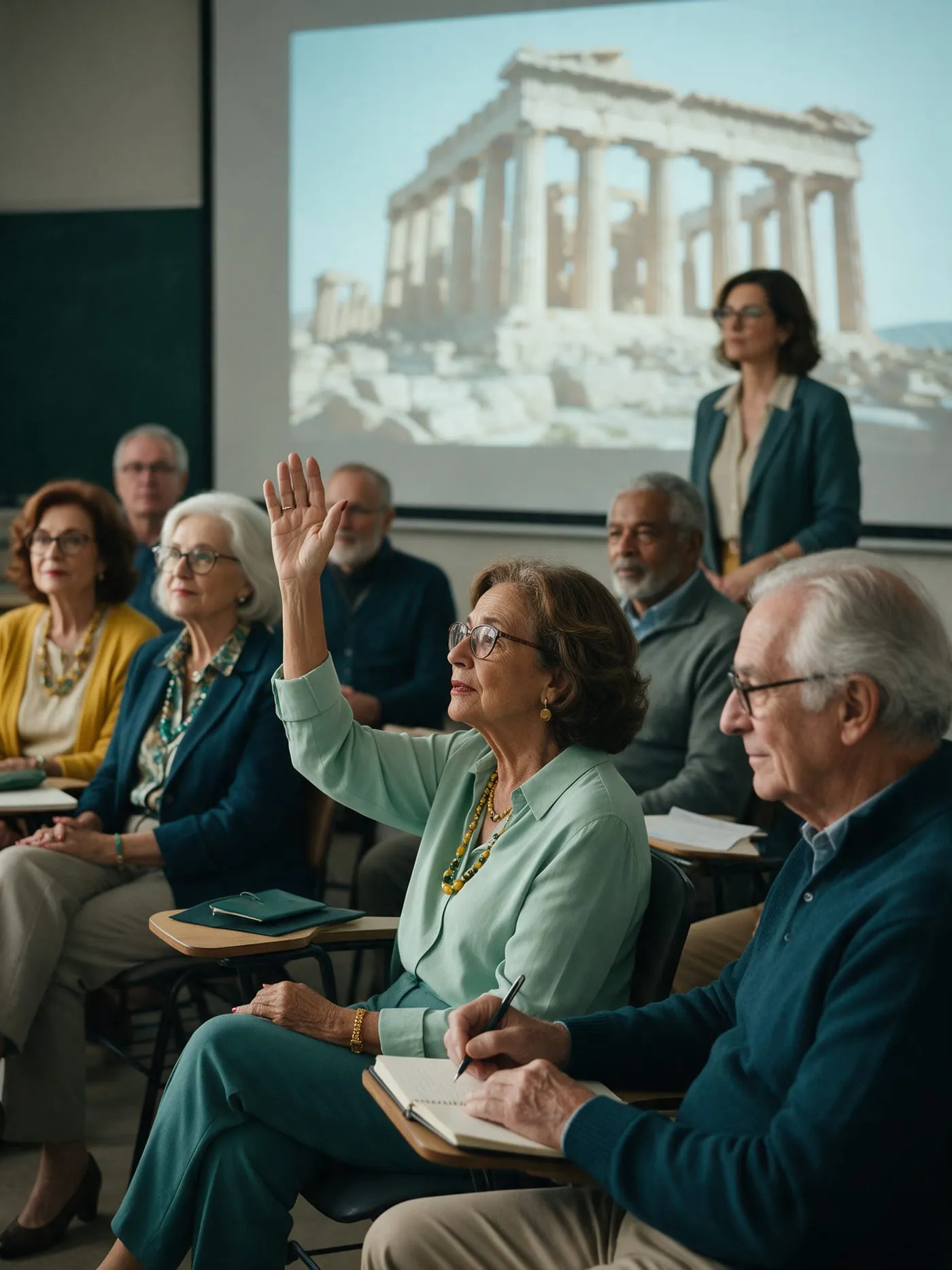 Aluna levanta a mão para perguntar durante uma aula sobre a Grécia antiga