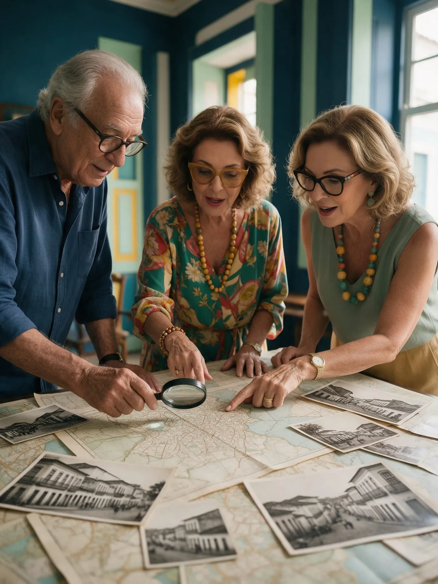 Três alunos examinam mapas antigos e fotografias de uma cidade histórica, um deles com uma lupa