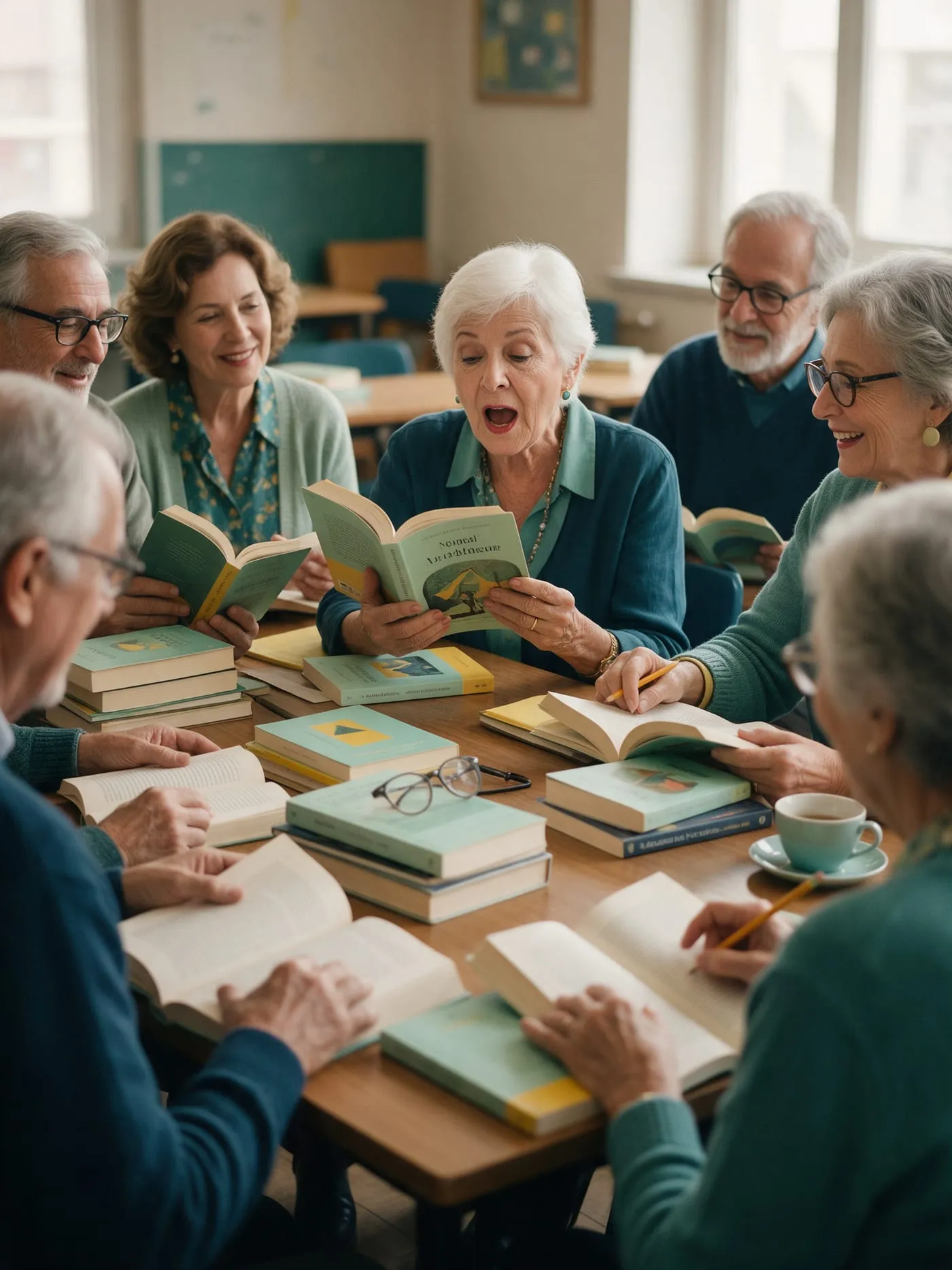 Aluna lê em voz alta um trecho de romance para a turma reunida em volta de uma mesa cheia de livros