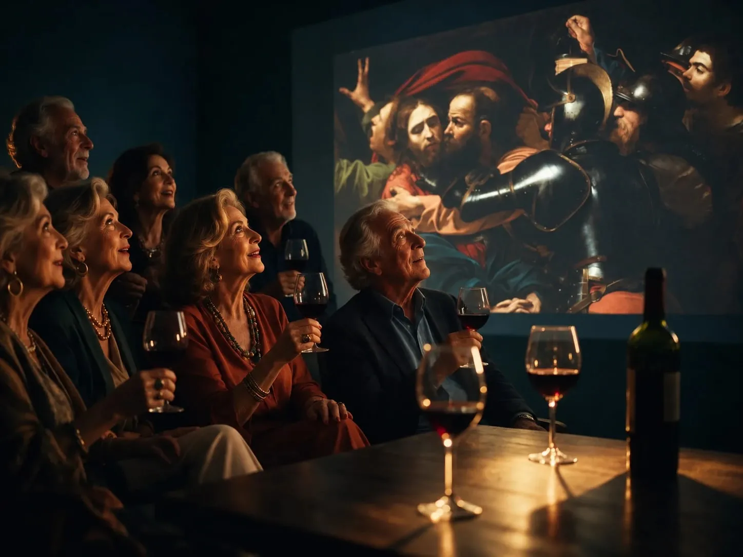 Grupo de pessoas 60+ com taças de vinho tinto observa, encantado, uma pintura de Caravaggio projetada na parede
