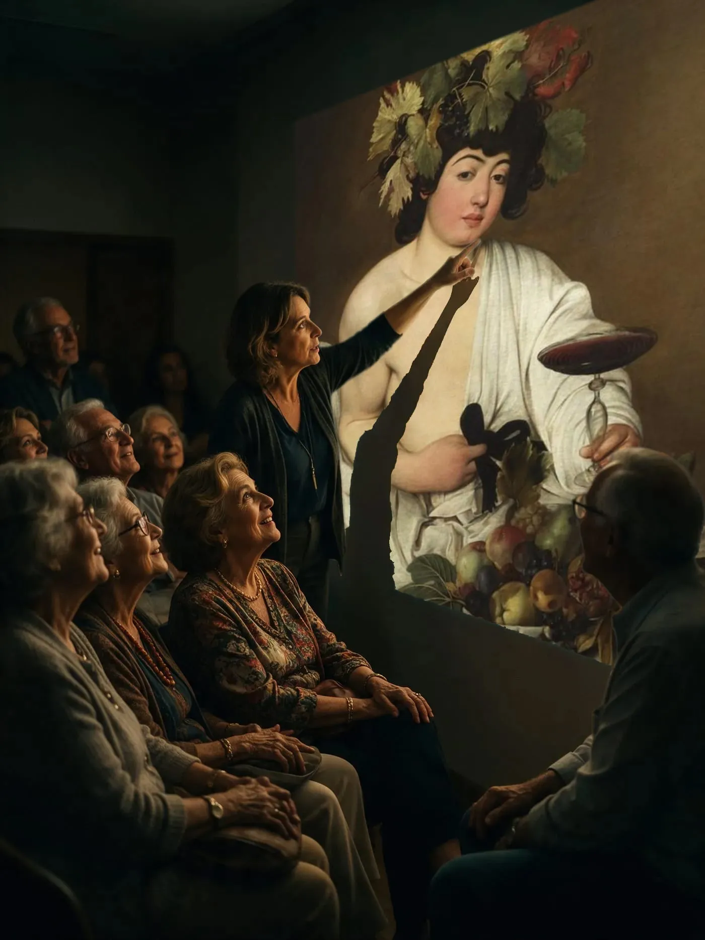 Professora aponta para o Baco de Caravaggio projetado na parede, diante de alunos 60+ encantados