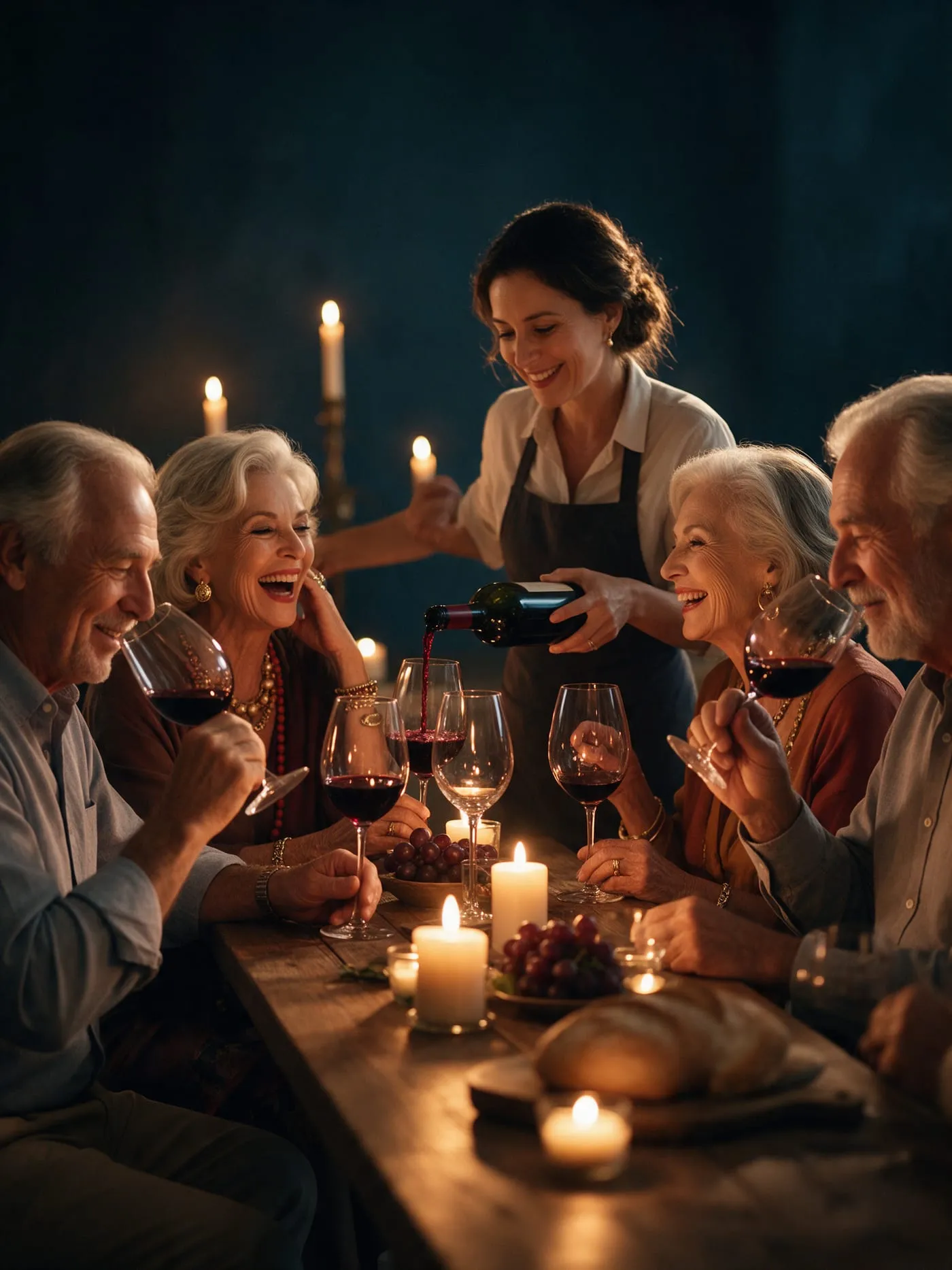 Sommelier serve vinho tinto a convidados 60+ que riem e brindam numa mesa à luz de velas
