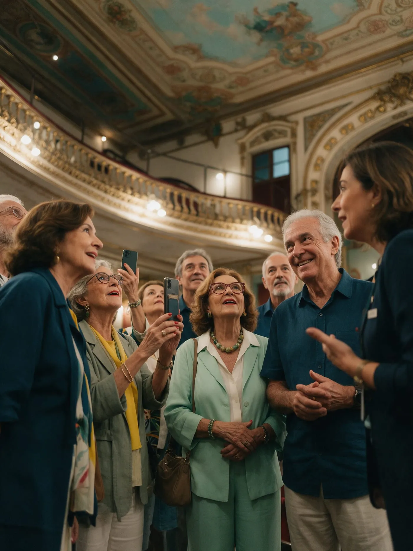 Grupo de pessoas 60+ observa o teto pintado de um teatro histórico, com uma guia explicando